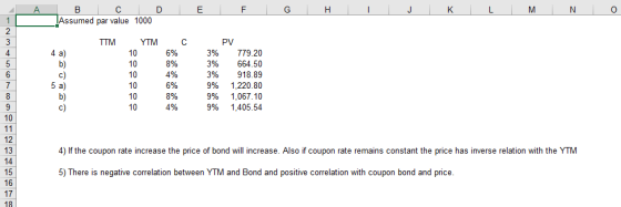 Assumed par value 1000 3% 779.20 3% 664.50 3% 918.89 996 1,220.80 9% 1,067.10 996 140554 5% 3% 10 10 10 10 10 10 5% 3% 5 a) 10 12 13 4) If the coupon rate increase the price of bond will increase. Also if coupon rate remains constant the price has inverse relation with the YTM 5) There is negative correlation between YTM and Bond and positive correlation with coupon bond and price 15 | 16 17 18