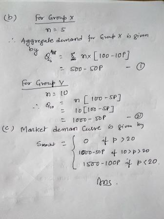(6) For Group x Aggregate demand for Group is given nx [100-10P] = 500-50P - 0 For Group Y na 10 n 100 -SP] 0 10 [100 -SP] 10