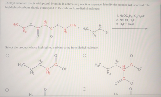 Diethyl malonate reacts with propyl bromide in a three-step reaction sequence. Identify the product that is formed. The highl