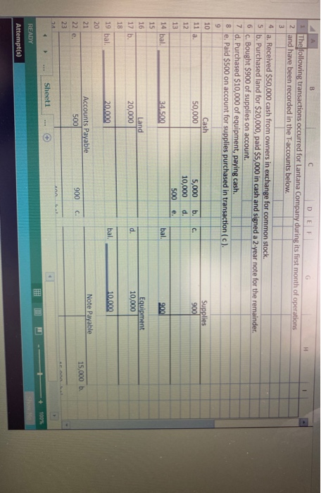 1 8 a. ته B с DEF 1 The following transactions occurred for Lantana Company during its first month of operations 2 and have b
