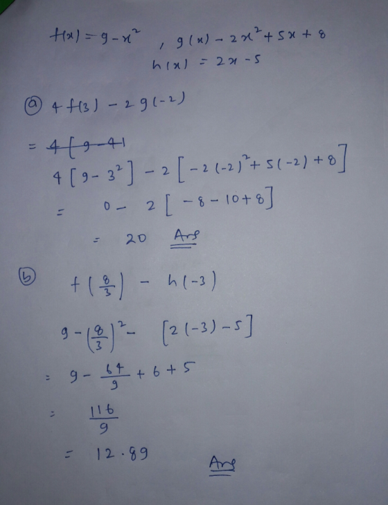 Hal-g-x² a (n)-20² + 5x + 8 hinl=2a-5 @ 4 f(3) - 29 (-2) = 4941 4 [9-3²] – 2 [-2 1-2 3²+ 5(-2) +8] 0-2 [ -8 -10+8] - 20 Ans ©