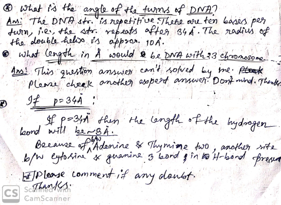What is the angle of the turns of DNA? - Ans: The DNA str. is repetitive. There are ten bases per a furn, see the str. repeat