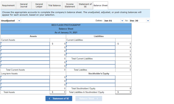 Requirement General Journal General Ledger Trial Balance Income Statement Statement of SE Balance Sheet Choose the appropriat