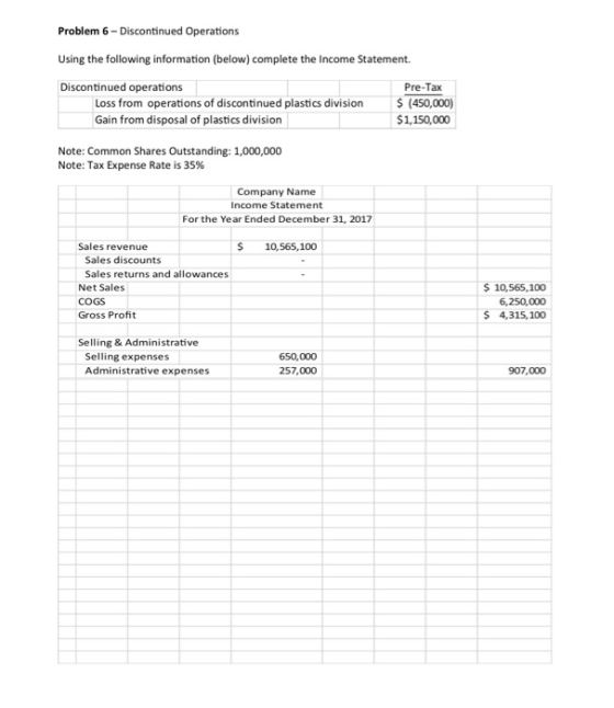 Problem 6 - Discontinued Operations Using the following information (below) complete the Income Statement. Discontinued opera