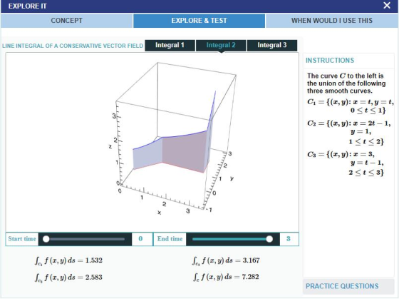 EXPLORE IT х CONCEPT EXPLORE & TEST WHEN WOULD I USE THIS LINE INTEGRAL OF A CONSERVATIVE VECTOR FIELD Integral 1 Integral 2