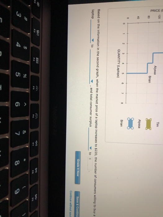 PRICE Tim Alyssa Brian Alyssa Brian QUANTITY (Laptops) Based on the information in the second graph, when the market price of