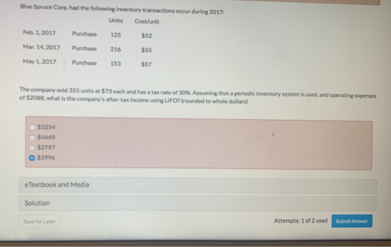 Blue Spruce Corp. had the following inventory transactions occur during 2017: Units Cost/unit Feb 1, 2017 Purchase 125 $52 Ma