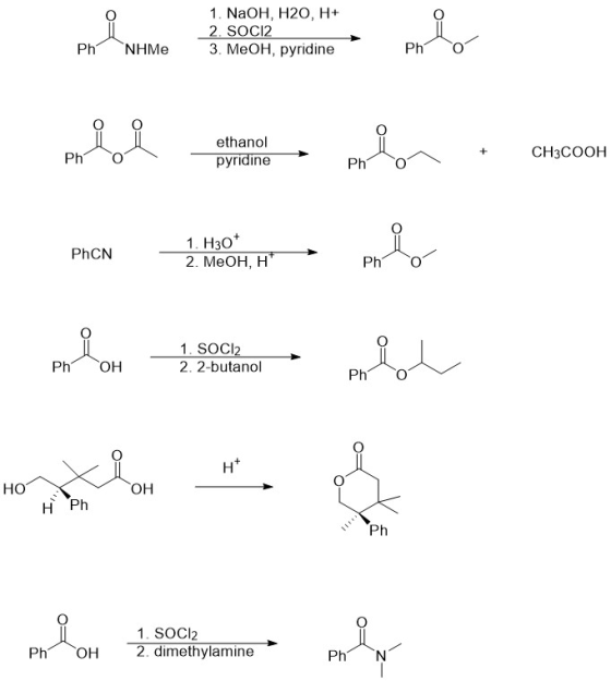 1. NaOH, H20, H+ 2. SOC12 3. MeOH, pyridine Phi NHMe Ph 01 Pho ethanol pyridine CH3COOH Ph PhCN 1. H30+ 2. MeOH, H* Ph 01 Bom