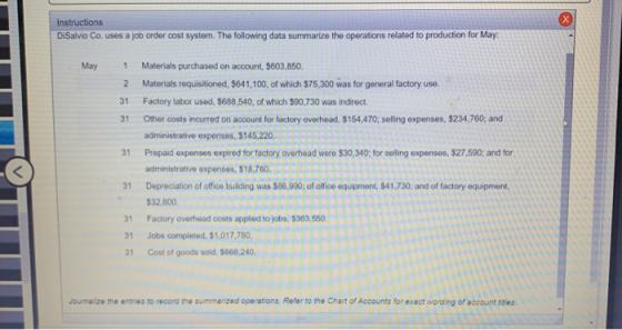 Instructions DiSalvio Co. uses a job order cost system. The following data summarize the operations related to production for