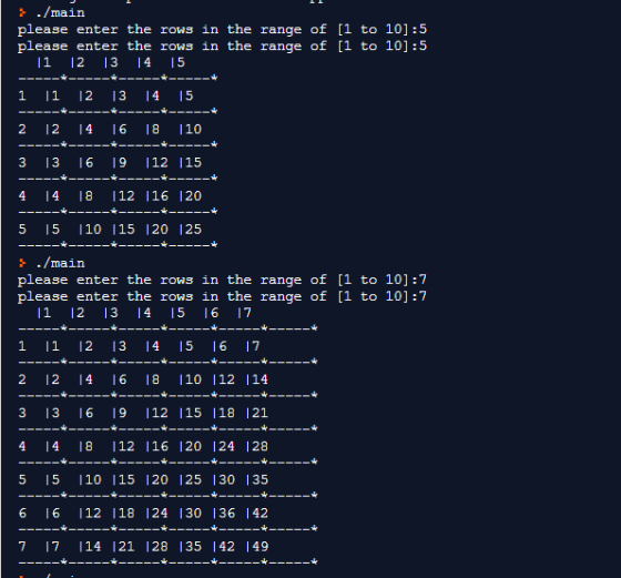 } ./main please enter the rows in the range of [1 to 10]:5, please enter the rows in the range of [1 to 10]:5 11 12 13 14 15