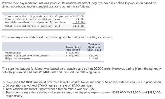 Preble Company manufactures one product. Its variable manufacturing overhead is applied to production based on direct labor-h