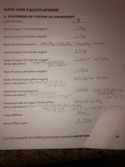 DATA AND CALCULATIONS A. SYNTHESIS OF COPPER (II) PHOSPHATE Unknown Letter Mass of copper (II) chloride assigned: Mass of sod