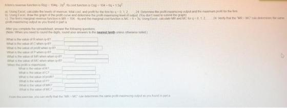 Atemis tine actions a)= 1069-2 ts cost functions Co 104 15 Using Exotice the love of revenue total cost and profit for the fe