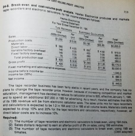 LUST-VOLUME PROFT AMALYSIs even and cost-volume-proflt analysis. Hewtex Electronics produces ers and electronic calcu ators, Its 19A Income statement follows 719 249. Break-even ctronics produces and markets Hanrex Electrorics ncome Statment For Yesr Ended December 31.194 TAPE RecoROEAS Total ELECTRONIC CA CULATOns Per 000s Omitted) Total Par Unt 1900s Omitted) Unit (000s Omitted) Sales $1.050 315003.150 $22.50 S4.200 0 Production costs Materials Direct labor Variable factory overhead Fixed factory overhead. 280 403 450 910.0 580.0 420.0 280.0 2.00 200 3.00 2.00 140 280 Total production cost..630 Gross profit.. Fixed marketing and administrative expenses Income before incomea Income tax (55%) Net income . . $800 1540 $2,170.0 ....S 420 S600 $10$11.50 $2.030.0 1,040.0 $ 990.0 544.5 S 4455 The tape recorder business has been fairly stable in ręcent years, and the company has no turation, management has decided to reduce its calculator price to $20. effective January 1, 198 ans to change the tape recorder price. However, because of increasing competition and market and to spend an additional $57,000 in 19B for advertising. As a result, Hewtex estimates that 80% of its 19B revenue will be from electronic calculator sales. The sales units mix tor tape recorders calculators is expected to be 1.2 in 19A and 1.3 in 19B at ali volume levels. Materials costs are expected to drop 10% and direct labor costs are to increase 10%. Required: 20% for the tape reco rders and calculators, respectively; however, all (1) The number of tape recorders and electronic calculators to break even, using 19A data. (2) Sales dollars required to earn an aftertax profit of 9% on sales, using 198 estimates. (3) The number of tape recorders and electronic calculafors io break even, using 19B es- (CMA adapted) timates