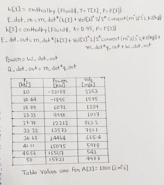 b[1] = enthalby (Fluid$, T= T[1], P= P[1]) E_dot_in= m_dot* (1 [1] + Vel[1]^2/2* convert(m2/ 52, kJ/kg)) h[2]= enthalby (Flui