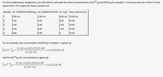 For the prelaboratory assignment, you will need to calculate the initial concentrations of [Fe5tlo and [SCN-lo for samples 1-