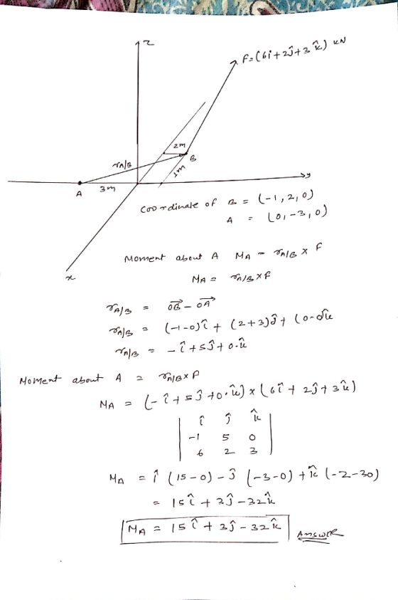 F) KN F=C6i+25+3 Sims A 3 Coordinale of 2 A (-1,2,0) (0, -3,0) = Moment about A MA - SAIBX MA = NAIB OF NAIB = Both NAIB = (-