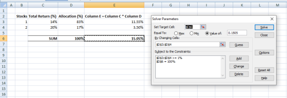 A. C D Е G Н J K L М 1 Stocks Total Return (%) Allocation (%) Column E Column C Column D 2 Solver Parameters X 14% 83% 11.55%