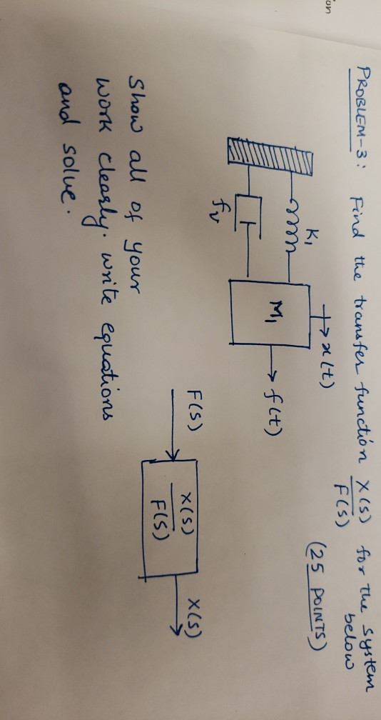 PROBLEM-3: Find the transfer function x(s) F(S) for the system below (25 POINTS) on KI talt) Mifflt) F(s) X(S) X(s) FCS Fax(s