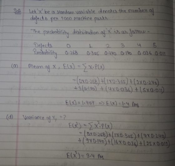 letx be a Handom vanliable denotes the number of defects per 1000 machine parts The probability distribution of x is as for