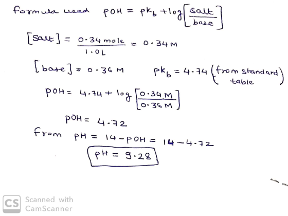 formula used por= pk Salt base [salt] = 0.34 mole = 0-34m 1.OL [base]50-36m pky = 4.74 (from standard) tabie pona 4-34+ log o
