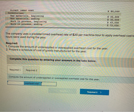 $ 80,000 Direct Labor cost Inventories: Raw materials, beginning Raw materials, ending Work in process, beginning Work in pro
