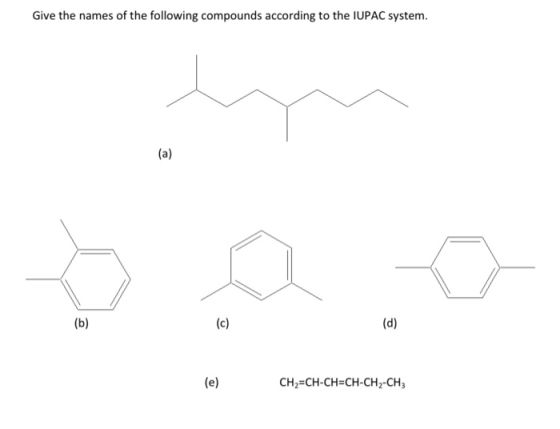 Give the names of the following compounds according to the IUPAC system. (a) (b) (c) (d) (e) CH2=CH-CH=CH-CH2-CH3