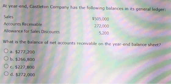 At year-end, Castleton Company has the following balances in its general ledger: Sales Accounts Receivable Allowance for Sale