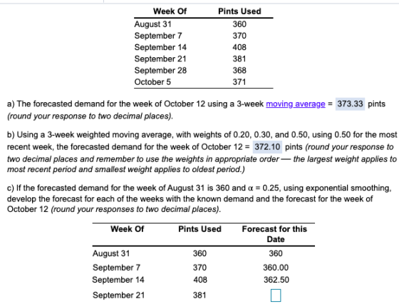 Pints Used 360 Week Of August 31 September 7 September 14 September 21 September 28 October 5 370 408 381 368 371 a) The fore