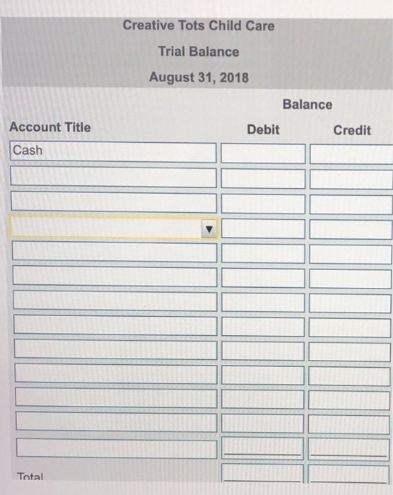 Creative Tots Child Care Trial Balance August 31, 2018 Balance Debit Credit Account Title Cash Total