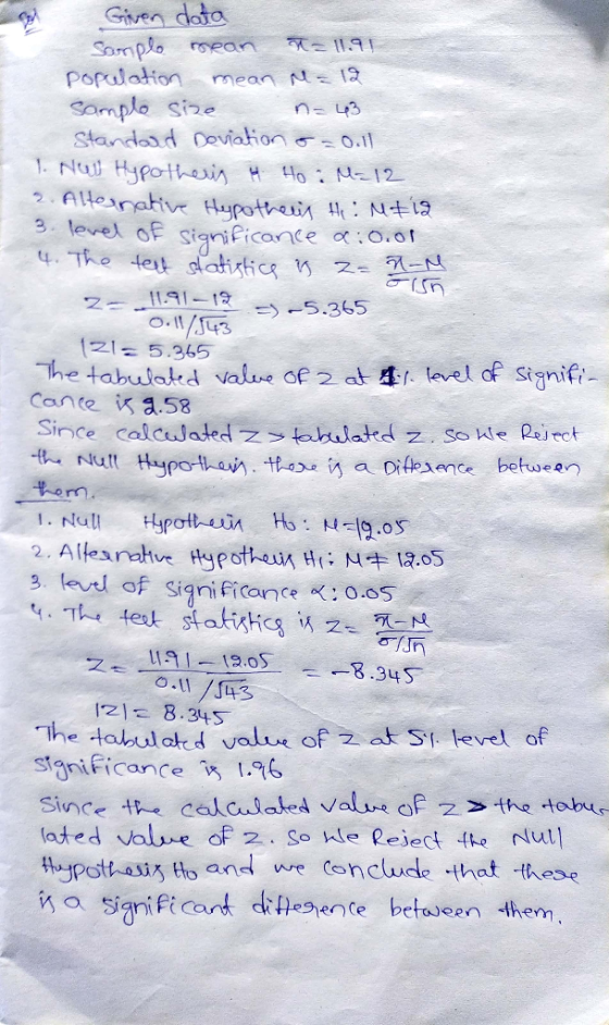 Byd Given data Sample mean t= 11.91 population mean N=12 Sample size n=43 Standard Deviation o=0.11 1. NOW Hypotheris H. Ho: