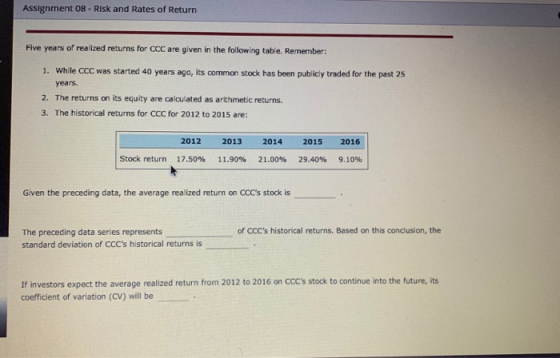 Assignment 08 - Risk and Rates of Return Five years of realized returns for CCC are given in the following table. Remember: 1
