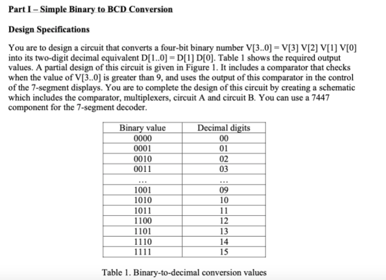 Part I - Simple Binary to BCD Conversion Design Specifications You are to design a circuit that converts a four-bit binary nu
