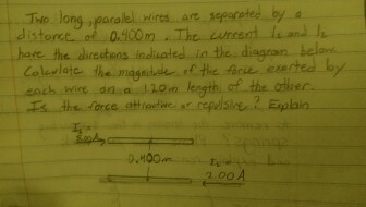 Two long, parallel wires are separated by a distor