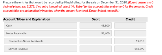 Prepare the entries that would be recorded by Kingbird Inc. for the sale on December 31, 2020. (Round answers to O decimal pl