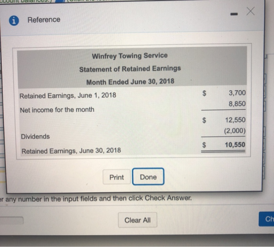 i Reference Winfrey Towing Service Statement of Retained Earnings Month Ended June 30, 2018 Retained Earnings, June 1, 2018 3