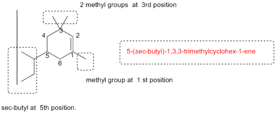 2 methyl groups at 3rd position 5-(sec-butyl)-1,3,3-trimethylcyclohex-1-ene methyl group at 1 st position sec-butyl at 5th po