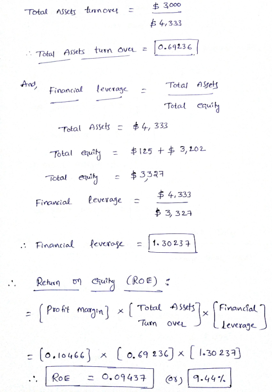 Total Assets turnover - $ 3,000 $ 4,333 .: Total Assets tuon over = 10.69236 And, Assets Financial leverage Total - Total $ 4