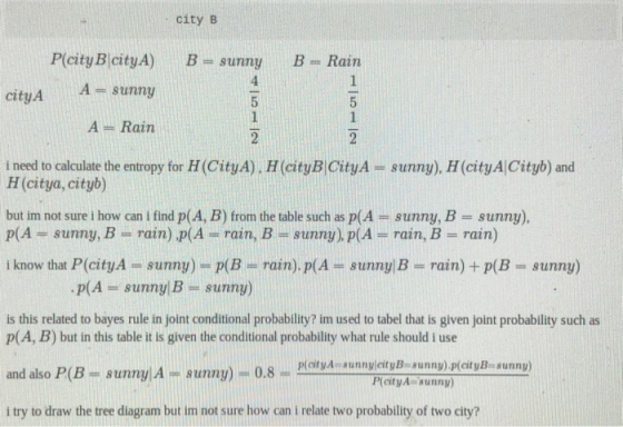 city B P(city B cityA) B = sunny B = Rain cityA A = sunny NOS A= Rain i need to calculate the entropy for H(CityA), H (cityB