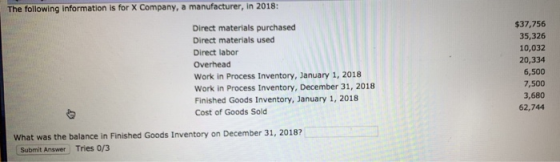The following information is for X Company, a manufacturer, in 2018: Direct materials purchased Direct materials used Direct