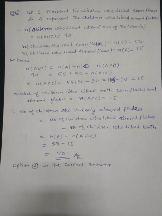 Almond flasaus = n(AUC) 2 90. he Kneu nurnbeǐ估childrYen. UghoLikod both corn flake) and No t children ioho litad only almond feakzes 55-IS =40