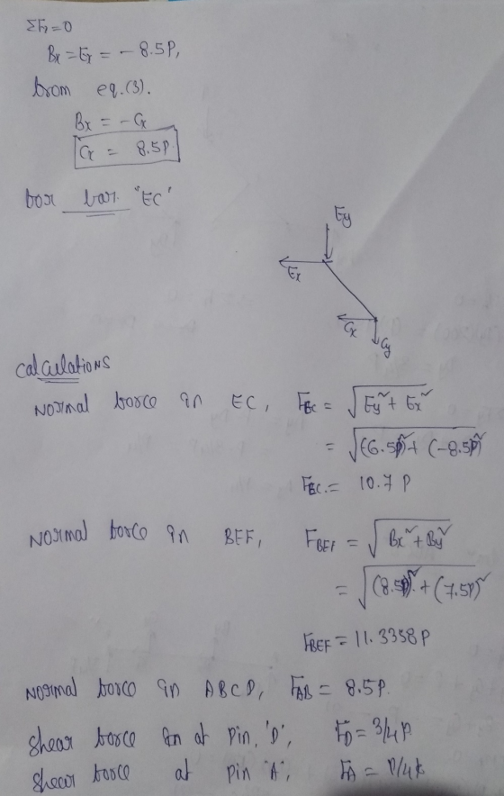 Normal borce an EC, EF=0 Bx = t = -8.5p, brom eq. (3). Bx = -6 8.5P for bar EC calculations JEG. S8+ (-8.58 FEC. = 10.7P Nor