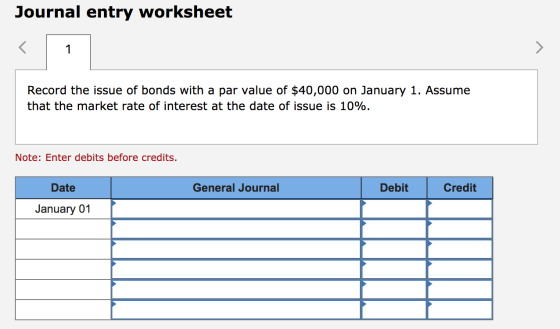 Journal entry worksheet Record the issue of bonds with a par value of $40,000 on January 1. Assume that the market rate of in