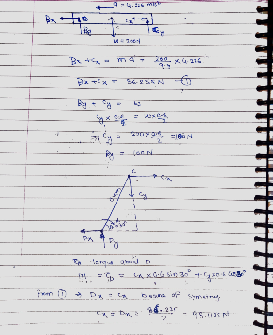 .9=4.226 mis Bx ho IBM ay W = 200N BrtCx= ma 200 X 6.226. 9.8 Bat(x= 86-255 N By + cy W wx art 2 cyx one of scy 2007 ot 2 =10