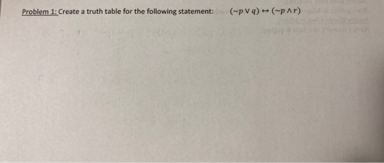 Problem 1: Create a truth table for the following statement: (-pVq) + (-par)