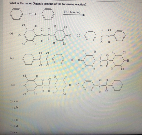 What is the major Organic product of the following reaction? HCI (excess) CSC- H H ci ci ci H -&-d- -H (b) - H H H H H H CI С