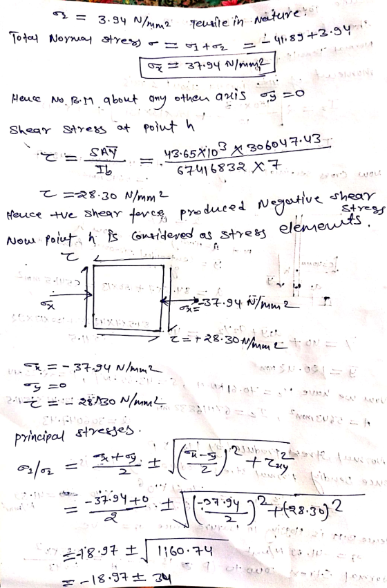 3.94 N/mm2 Tensile in Neituretor Total Nornay stress o=G+02 24689+3.94 on = 37.94 N/anime tutan Hence No. B-M about any othen