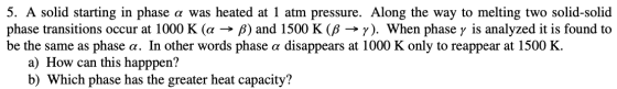 5. A solid starting in phase a was heated at 1 atm pressure. Along the way to melting two solid-solid phase transitions occur