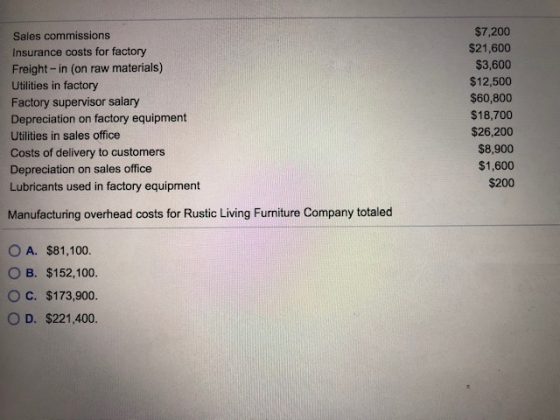 Sales commissions Insurance costs for factory Freight-in (on raw materials) Utilities in factory Factory supervisor salary De