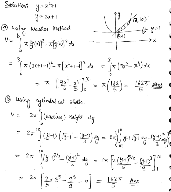 Solution y= 2²+1 y = 3x+1 @ using Washer method a [f68)]?- 11g «>]?dx ulja, 6 y=1 b (0,1) Va ²x 3 3 자 In (92²-24) dx - X ams.